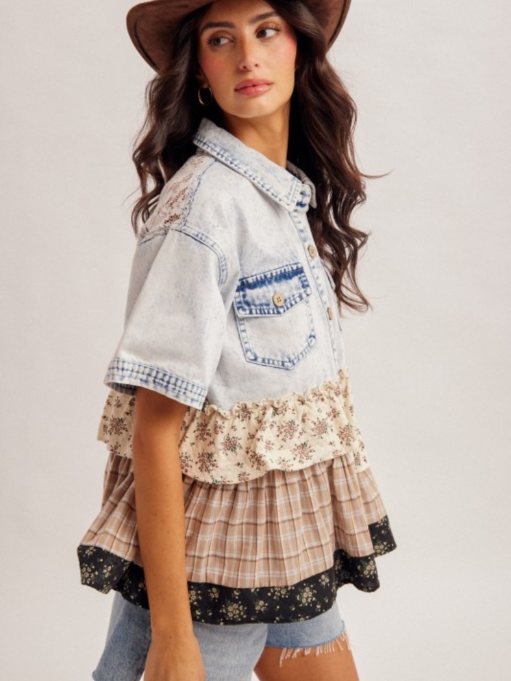 "The Charlotte" Floral Mix Frill Lace Denim Button Down Shirt Jacket - Picture 3 of 4